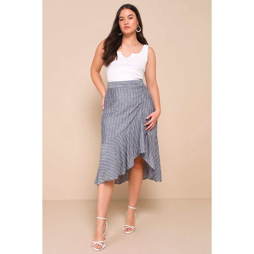 Lulus Skirt By the Bay Washed Blue White Striped Large Resortwear  Boho Nautical